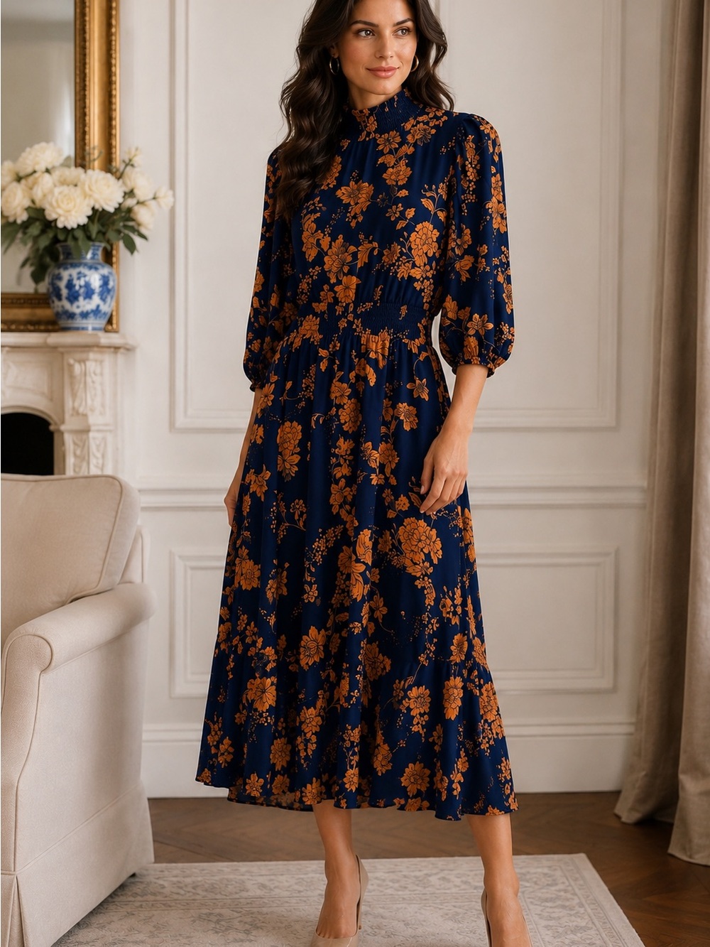 Nanette Lepore Navy Blue Floral Smocked Mock Neck Midi Dress Size 4